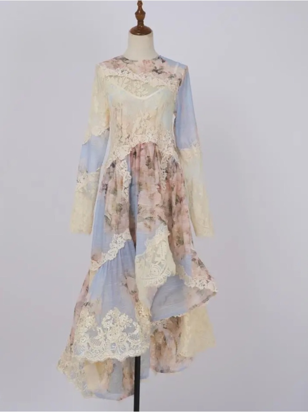 Designer style Vintage Floral Printed Long Lace Patchwork Dress M-XL